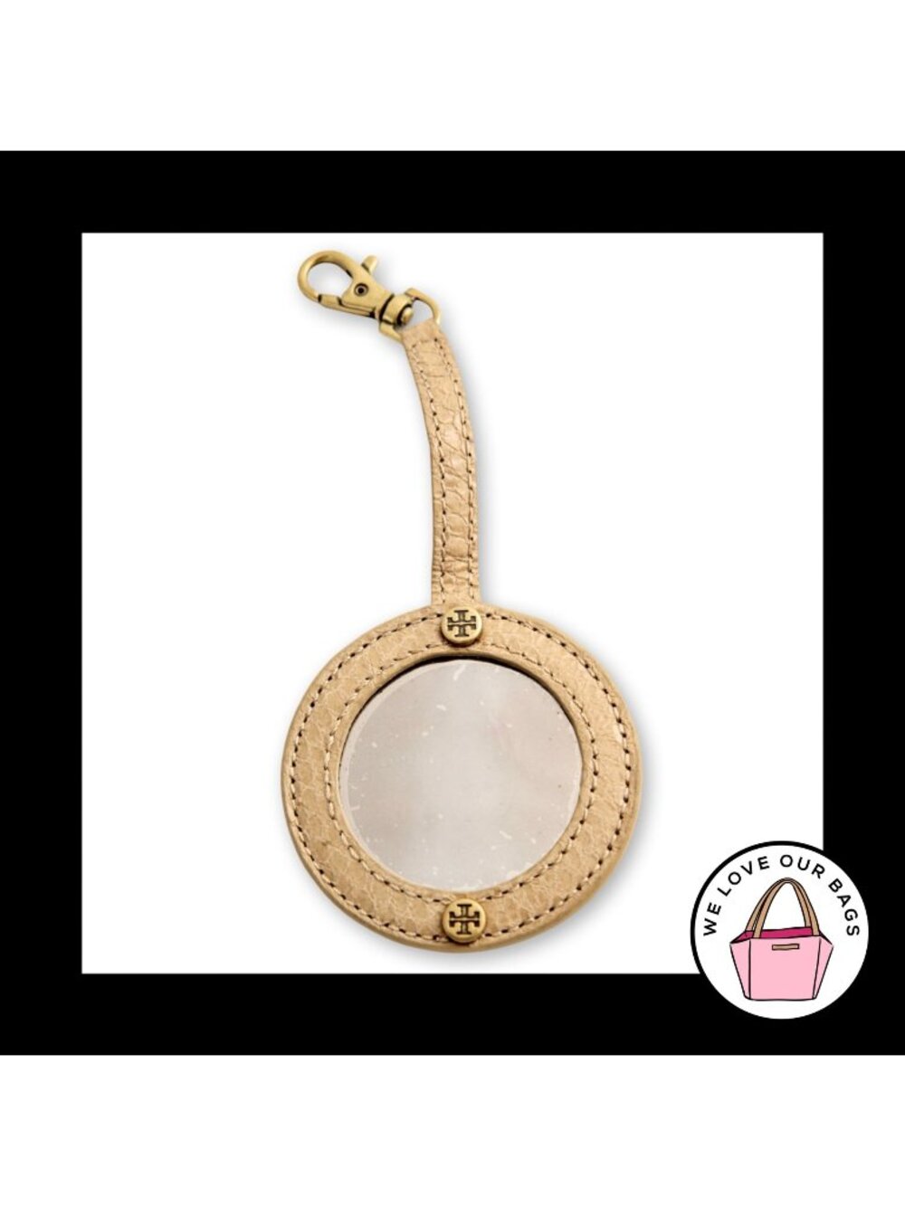 TORY BURCH Bag Charm Makeup Mirror Snakeskin Leather Brass Hang Tag Keychain Fob